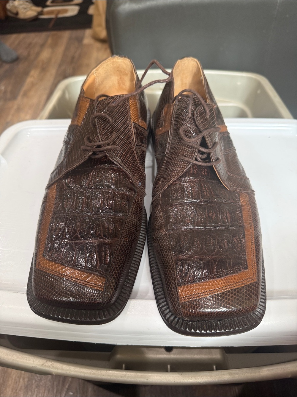 Brown Croc-Texture Lace-Up Derbys - Men's Dress Shoes